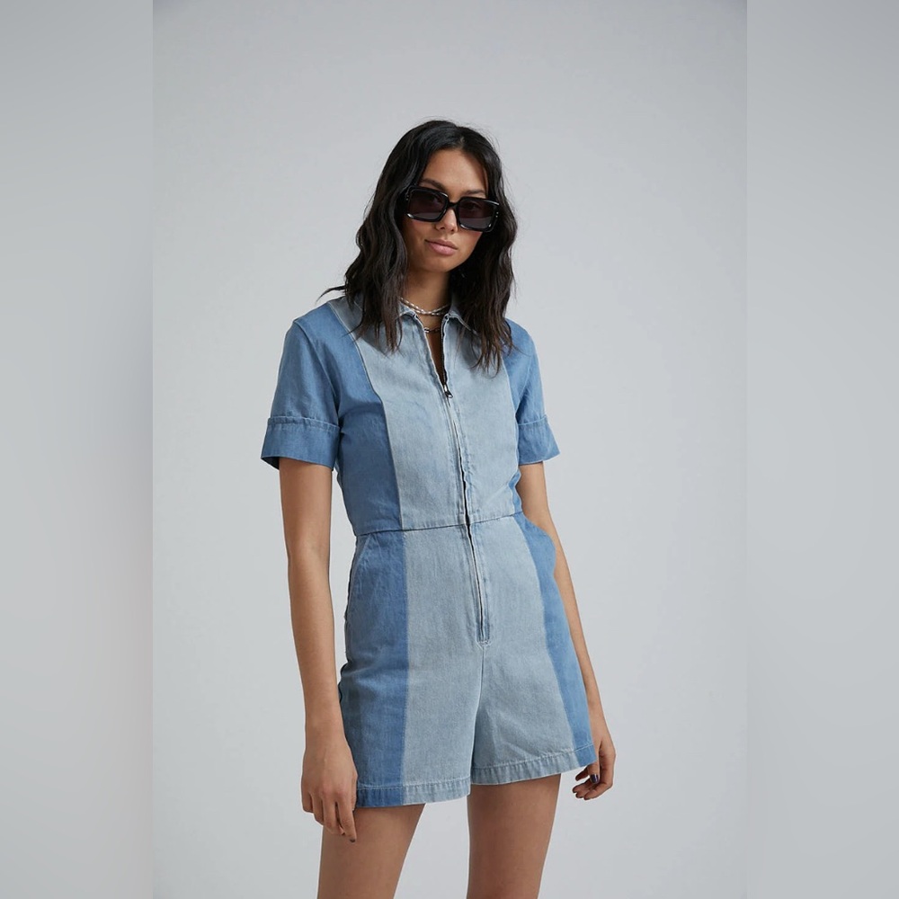 Afends Two-Tone Blue Denim Short Sleeve Romper